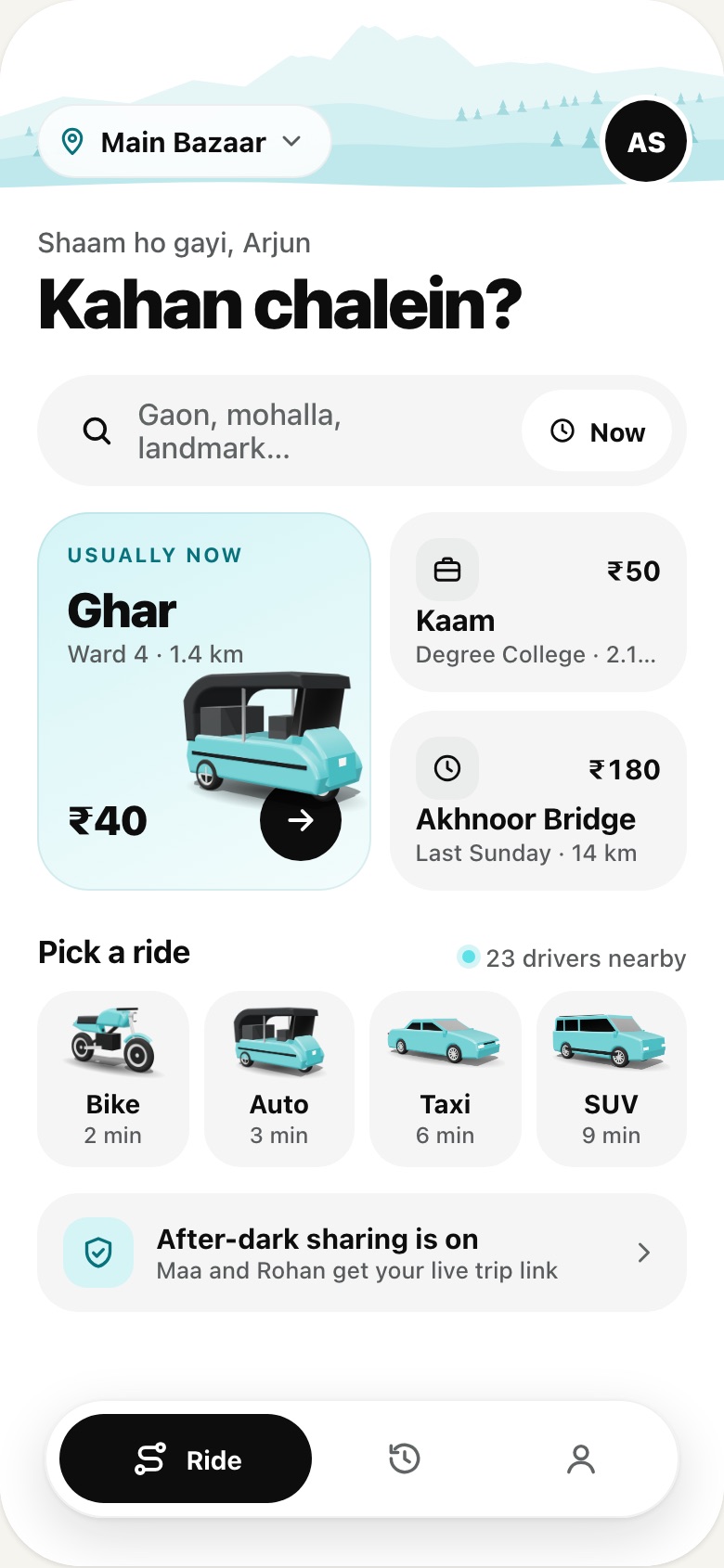 Zoomo Rides home screen: Kahan chalein?